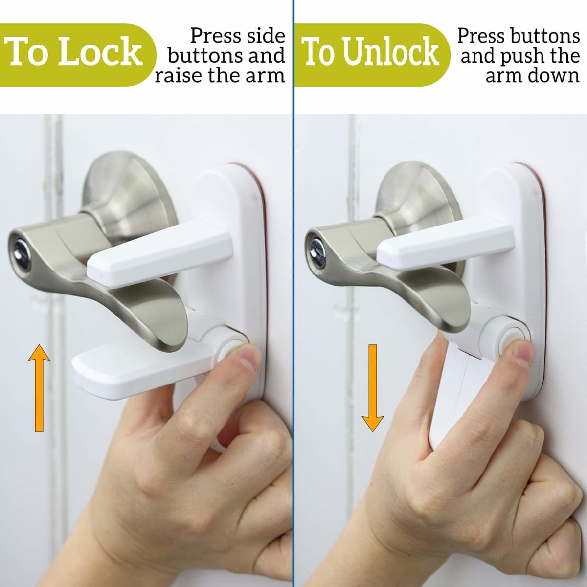 Door Lever Lock (2 Pack) Prevents Toddlers from Opening Doors. 3.25" L * 1.5" W * 4.5" H Easy One Hand Operation for Adults. Durable ABS with 3M Adhesive Backing. Simple Install, No Tools Needed. thumbnail 2