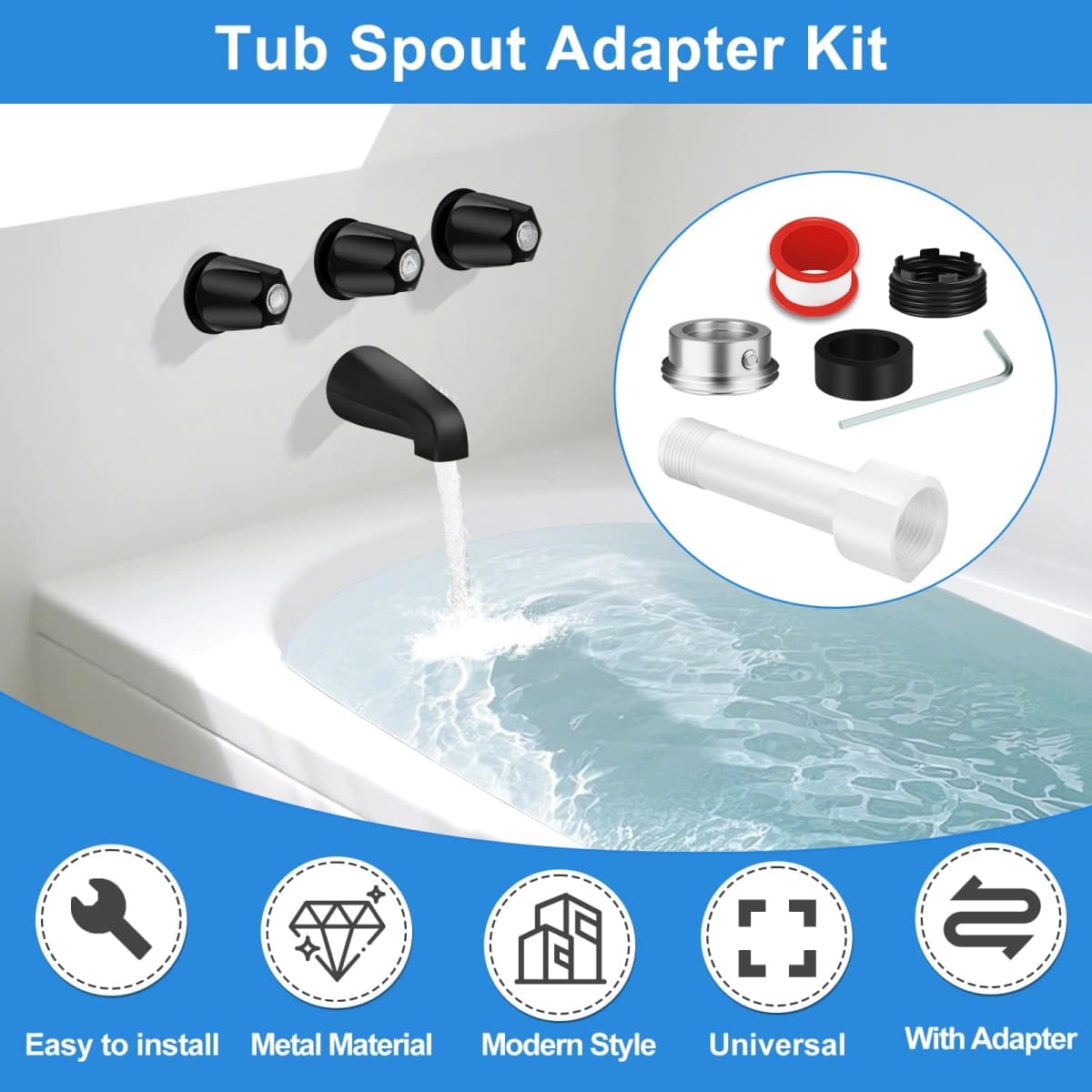 3 Shower Knob Tub Spout Trim Kit, Compatible with Price/Pfister Verve Tub Faucet Handle, Include Four in One Adapter, Fits 1/2" Copper Pipe, 1/2" and 3/4" Male(Threaded Pipe) Connections, Matte Black thumbnail 3