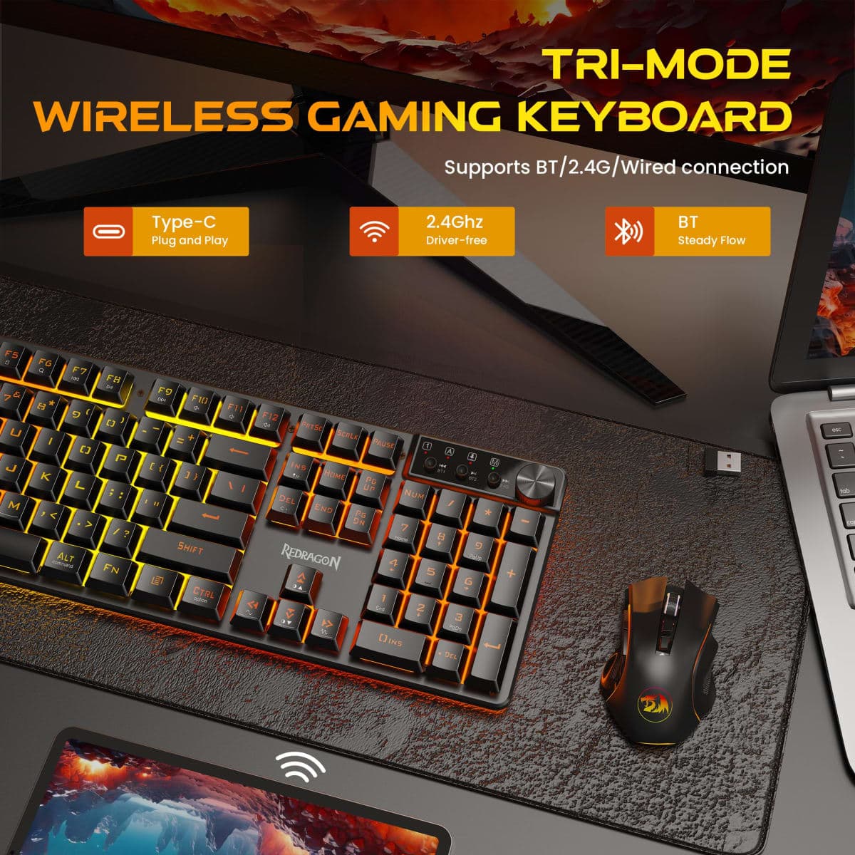 Redragon K521KS Wireless Gaming Keyboard, Tri-Mode BT/2.4G/USB-C RGB Mechanical Feeling Keyboard with Multimedia Keys, 4000mAh Battery, Anti-Ghosting, Compatible with PC - Upgrade thumbnail 2
