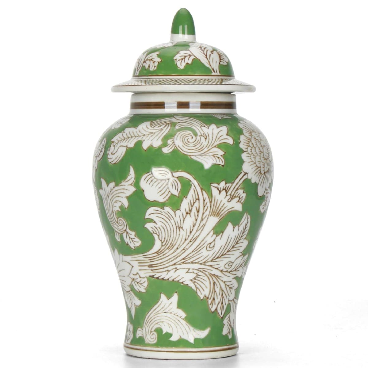 11″ Green Ginger Jar Traditional Peony Temple Jar with Lid Chinoiserie Vase Chinese Style Ginger Jars Antique Home Decor and Interior Design — image 1