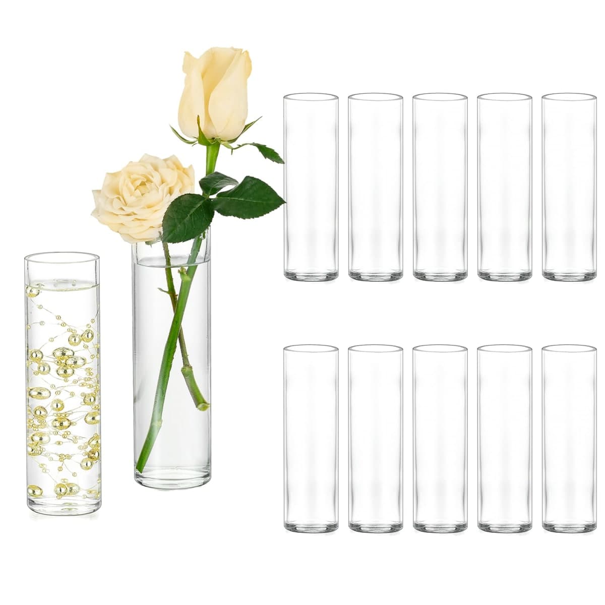 Hewory Cylinder Glass Bud Vases: Set of 12 Small Clear Skinny Single Flower Vase for Centerpieces - Minimalist Bulk Vases for Wedding Birthday Bridal Shower Party Events Table Decor, 5.91"(H)×1.8"(D) — image 1