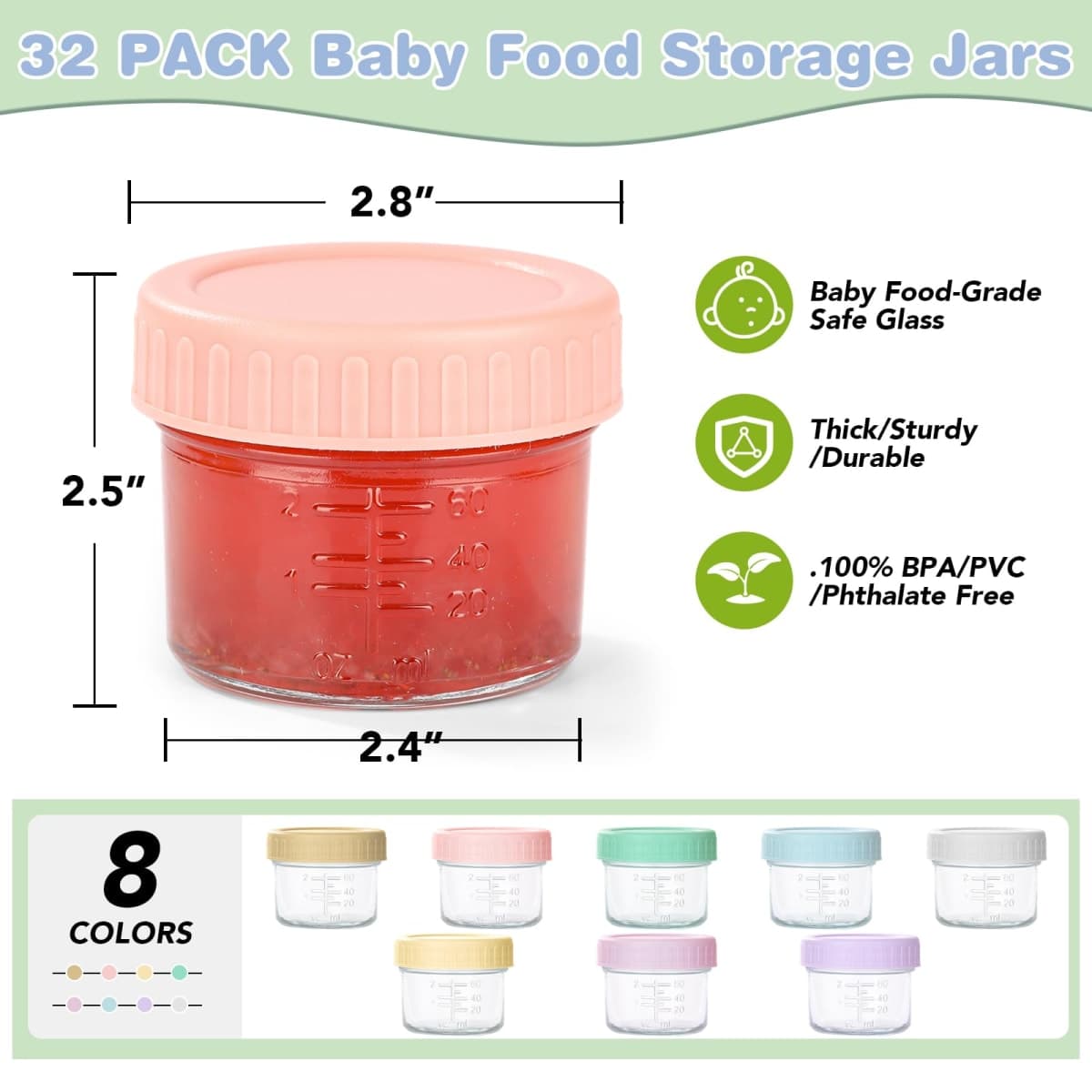 RowinsyDD 32-Pack Leakproof 4oz Glass Baby Food Jars With Lids - BPA Free, Freezer & Microwave Safe thumbnail 3