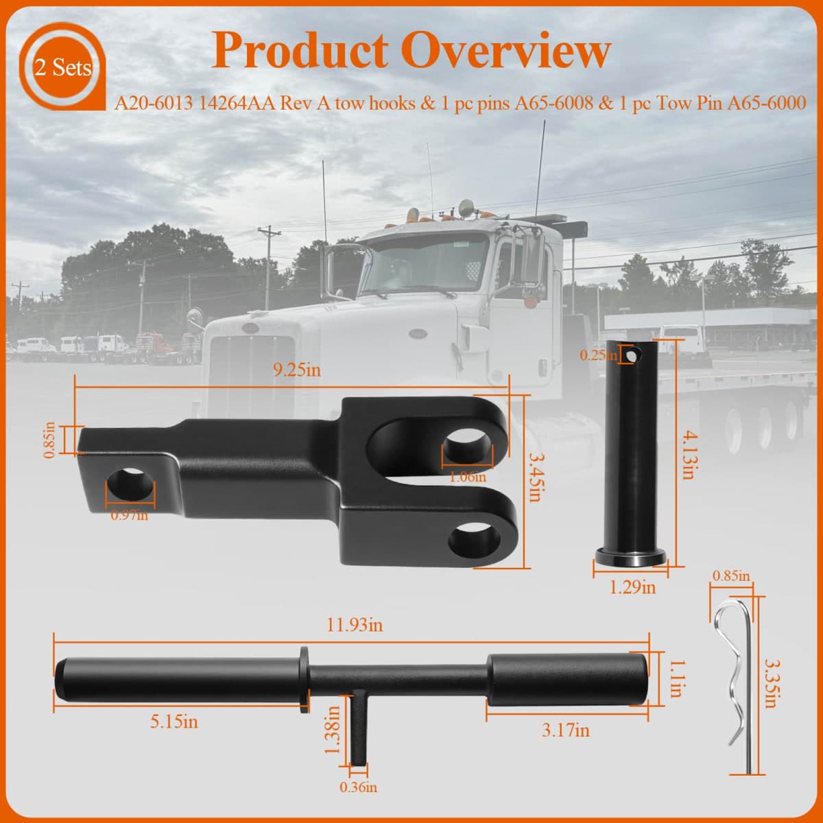 WFCYX 2 Sets A20-6013 Rev A Single Tow Hooks with Pull Pins A65-6008 & Tow Pin A65-6000 Fit for Peterbilt and Kenworth Trucks, Part Number#: A20-6013, A206013, 14264AA, A65-6008, A65-6000 thumbnail 2