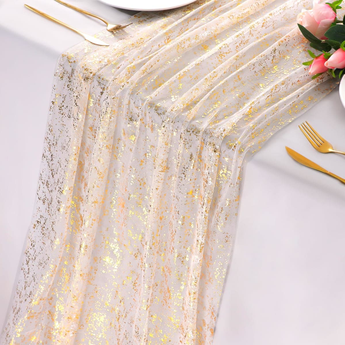 Snowkingdom 10 Ft Gold Table Runner, Sheer Gauze Chiffon Tulle Cheesecloth Sequin Glitter Metallic Foil, Table Decorations for Home Wedding Anniversary Party Birthday Holiday Christmas Thanksgiving — image 1