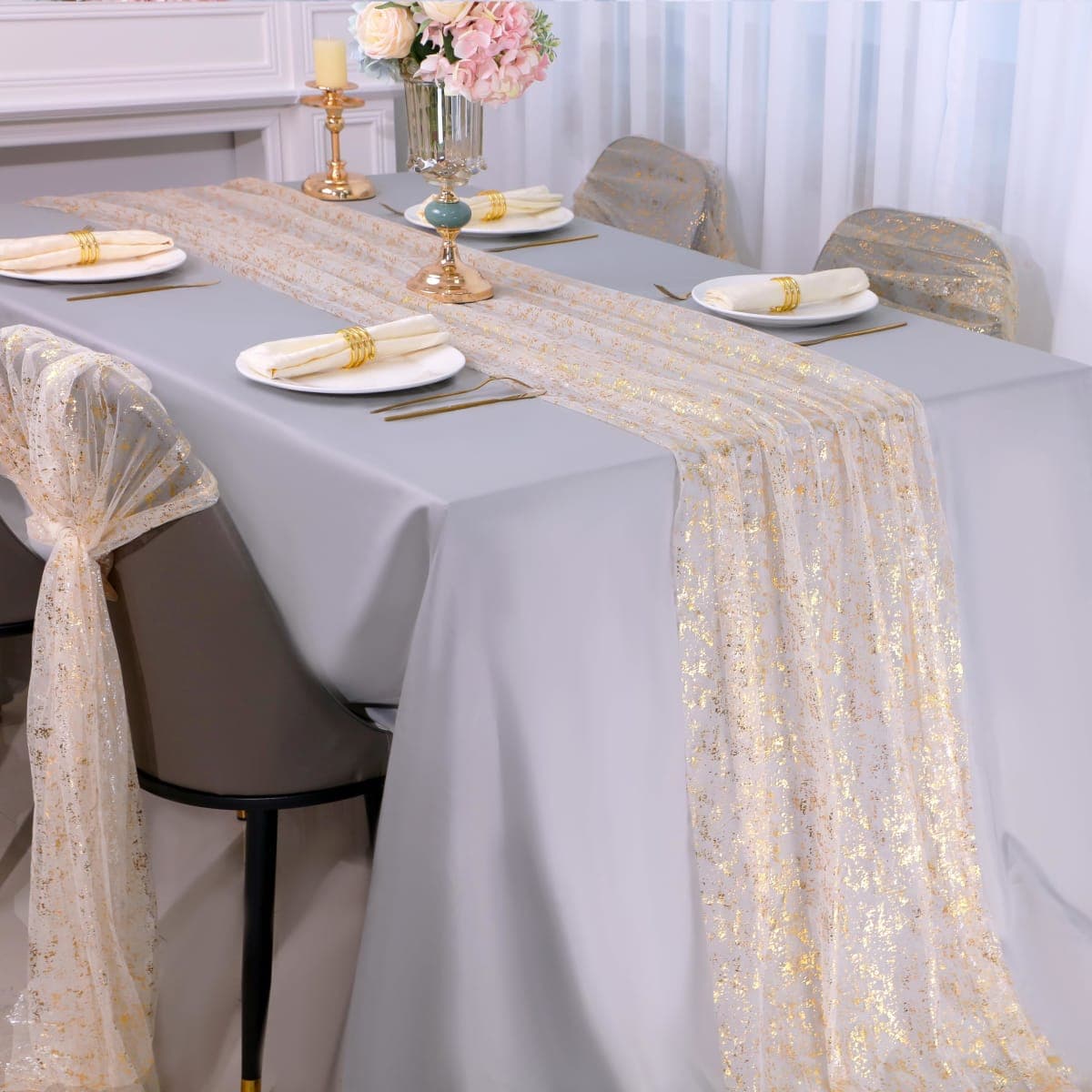 Snowkingdom 10 Ft Gold Table Runner, Sheer Gauze Chiffon Tulle Cheesecloth Sequin Glitter Metallic Foil, Table Decorations for Home Wedding Anniversary Party Birthday Holiday Christmas Thanksgiving thumbnail 2