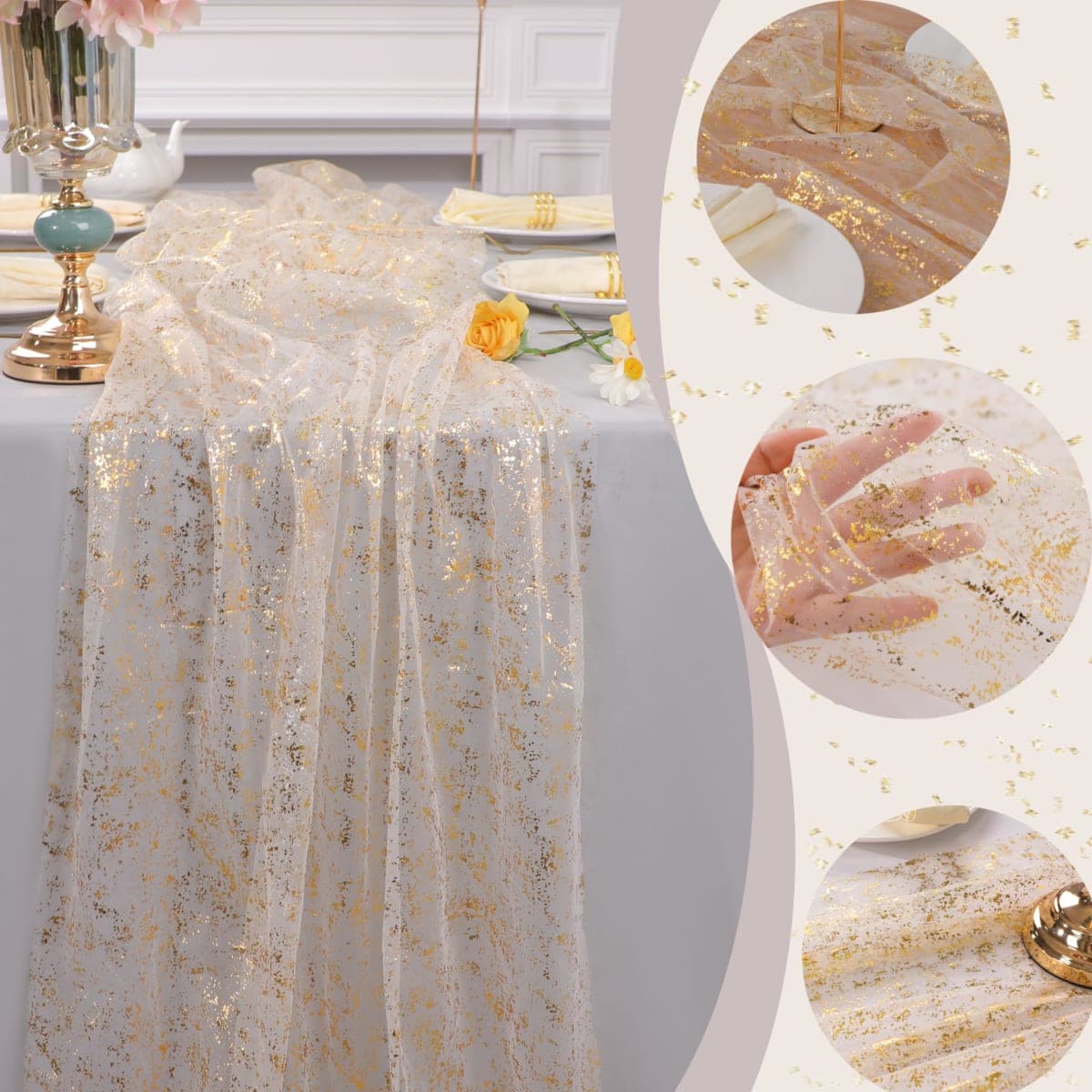 Snowkingdom 10 Ft Gold Table Runner, Sheer Gauze Chiffon Tulle Cheesecloth Sequin Glitter Metallic Foil, Table Decorations for Home Wedding Anniversary Party Birthday Holiday Christmas Thanksgiving thumbnail 3