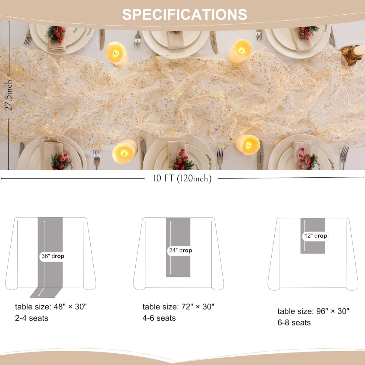 Snowkingdom 10 Ft Gold Table Runner, Sheer Gauze Chiffon Tulle Cheesecloth Sequin Glitter Metallic Foil, Table Decorations for Home Wedding Anniversary Party Birthday Holiday Christmas Thanksgiving thumbnail 5