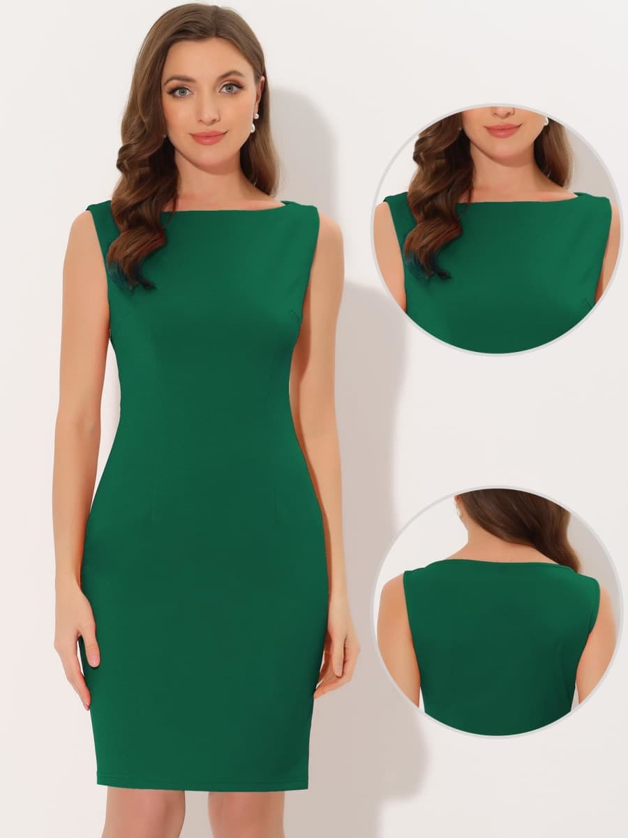 Allegra K Sheath Dress for Women's St. Patrick's Day Business Teacher Sleeveless Boat Neck Professional Office Dresses Dark Green Small thumbnail 4