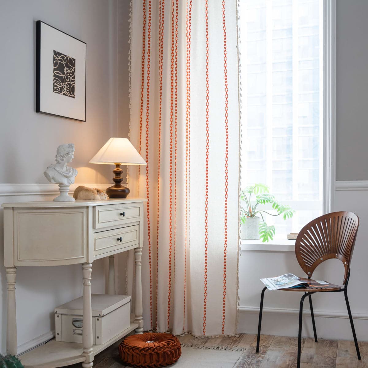 Sutuo Home Boho Curtains 96 inches for Bedroom Living Room, Semi Blackout Embroidery Window Bohemian Tassels Drape for Halloween Festival Decor, Rod Pocket 1 Panel 52" W x 96" L, White and Orange thumbnail 2