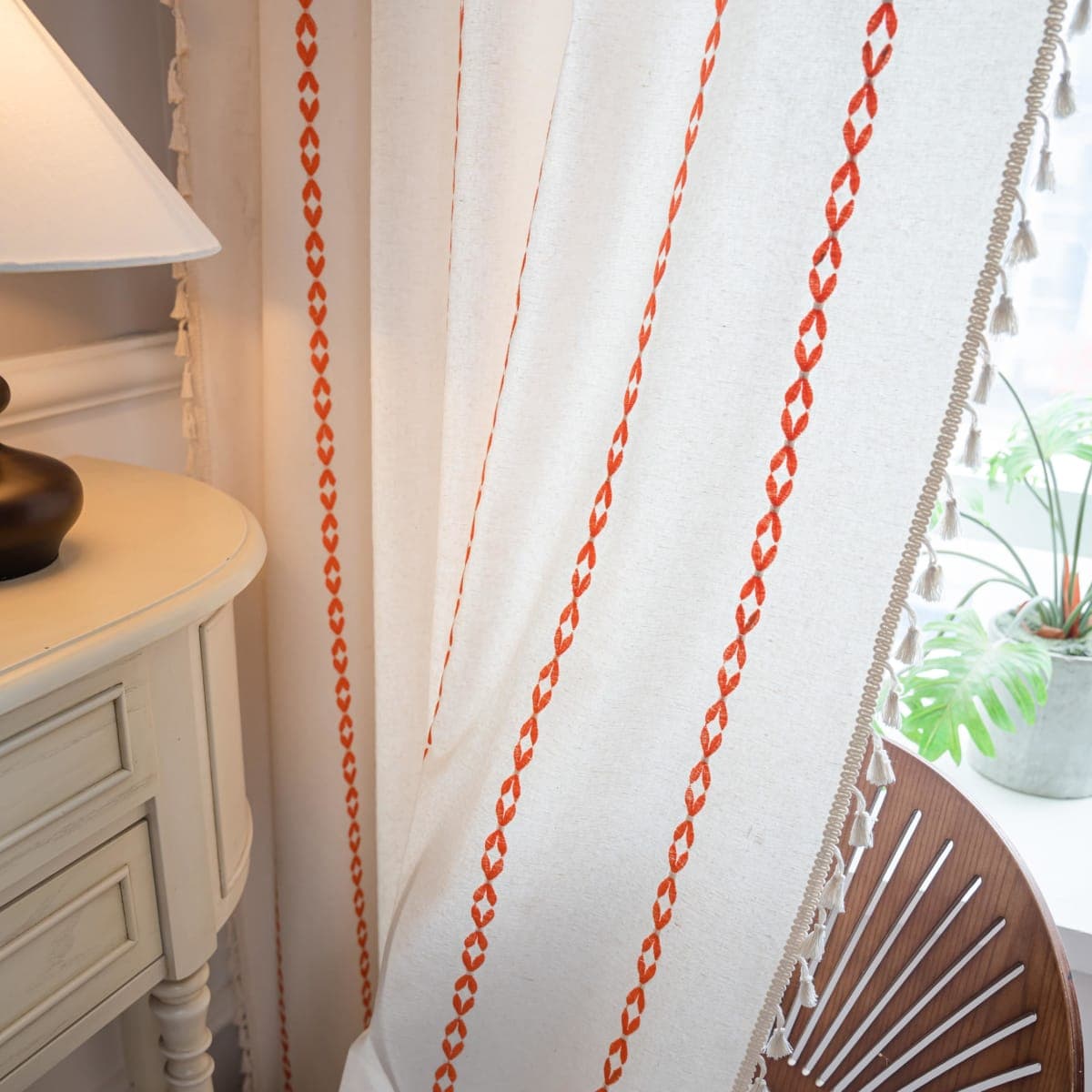 Sutuo Home Boho Curtains 96 inches for Bedroom Living Room, Semi Blackout Embroidery Window Bohemian Tassels Drape for Halloween Festival Decor, Rod Pocket 1 Panel 52" W x 96" L, White and Orange thumbnail 3