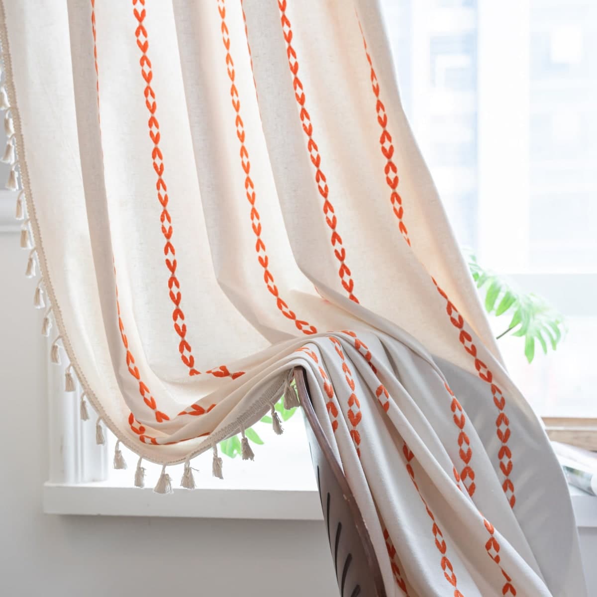 Sutuo Home Boho Curtains 96 inches for Bedroom Living Room, Semi Blackout Embroidery Window Bohemian Tassels Drape for Halloween Festival Decor, Rod Pocket 1 Panel 52" W x 96" L, White and Orange thumbnail 4