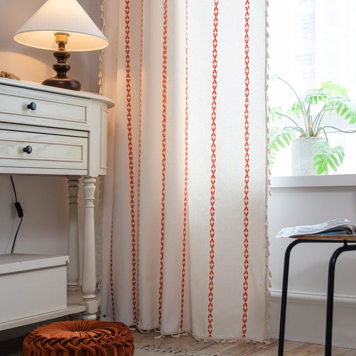 Sutuo Home Boho Curtains 96 inches for Bedroom Living Room, Semi Blackout Embroidery Window Bohemian Tassels Drape for Halloween Festival Decor, Rod Pocket 1 Panel 52" W x 96" L, White and Orange thumbnail 5