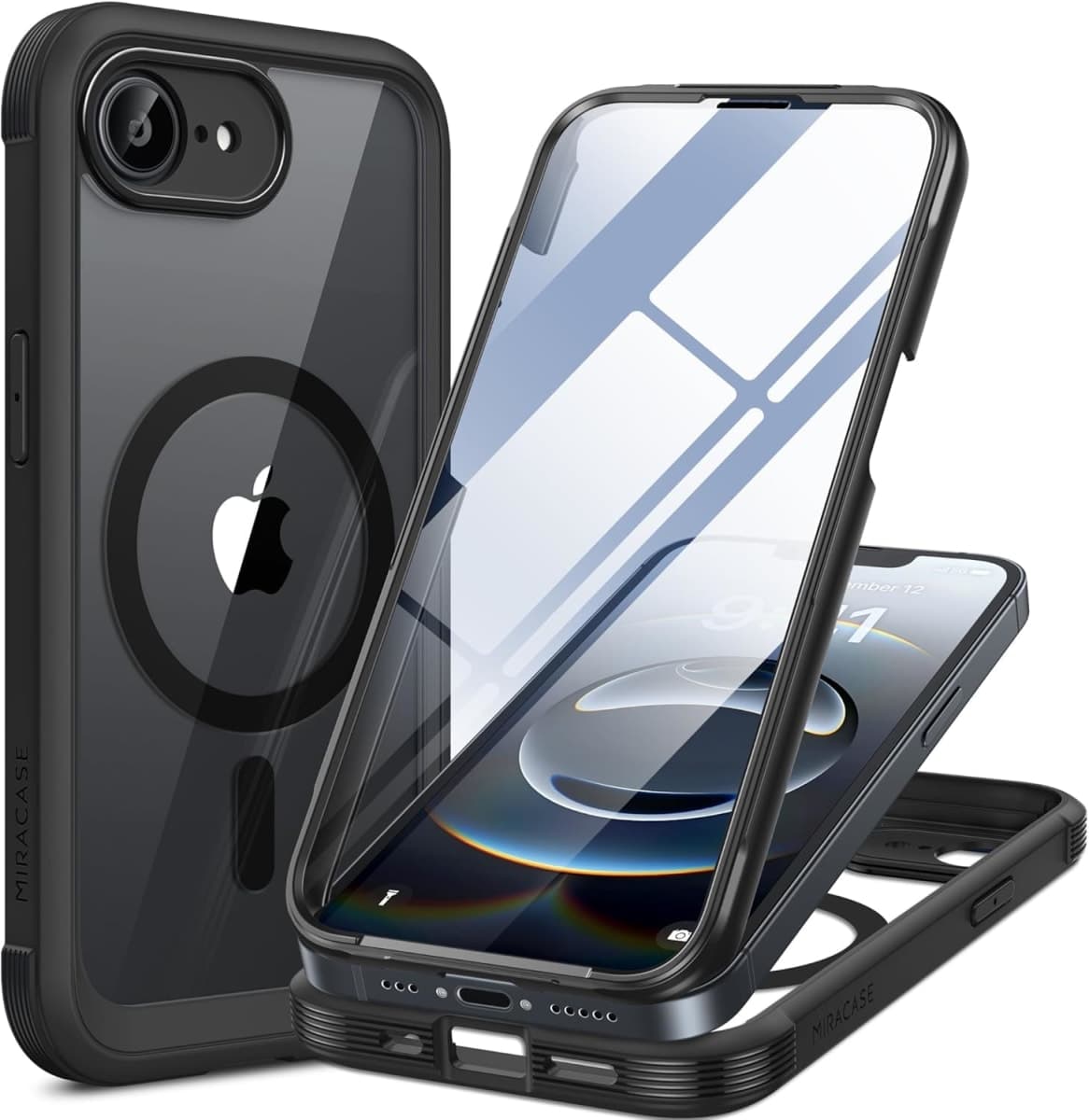 Miracase for iPhone 17e Case & iPhone 16e Case 6.1'', Full-Body Phone case with Built-in Glass Screen Protector,Compatible with MagSafe,Military Drop Proof 17e/16e Cover,Black — image 1