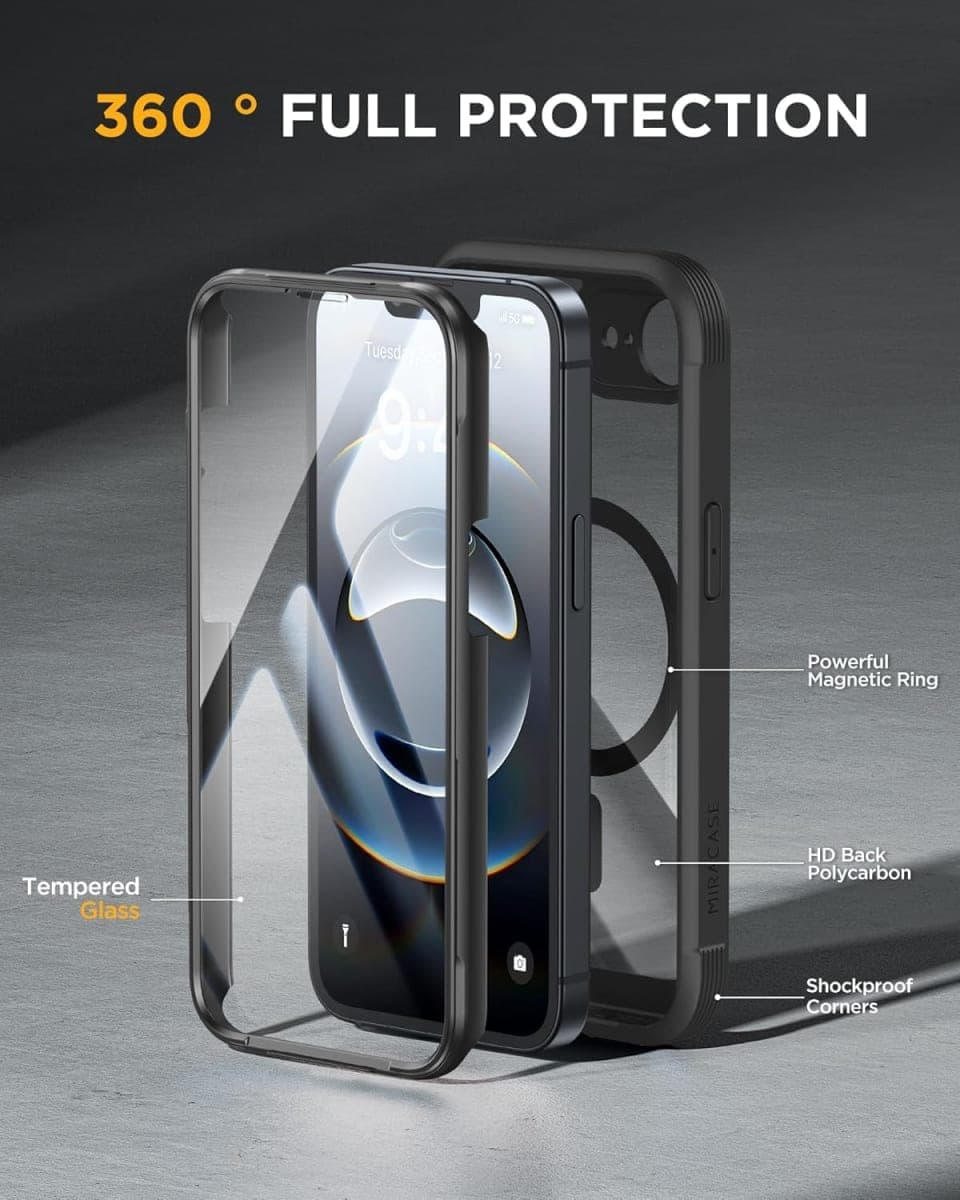 Miracase for iPhone 17e Case & iPhone 16e Case 6.1'', Full-Body Phone case with Built-in Glass Screen Protector,Compatible with MagSafe,Military Drop Proof 17e/16e Cover,Black thumbnail 2