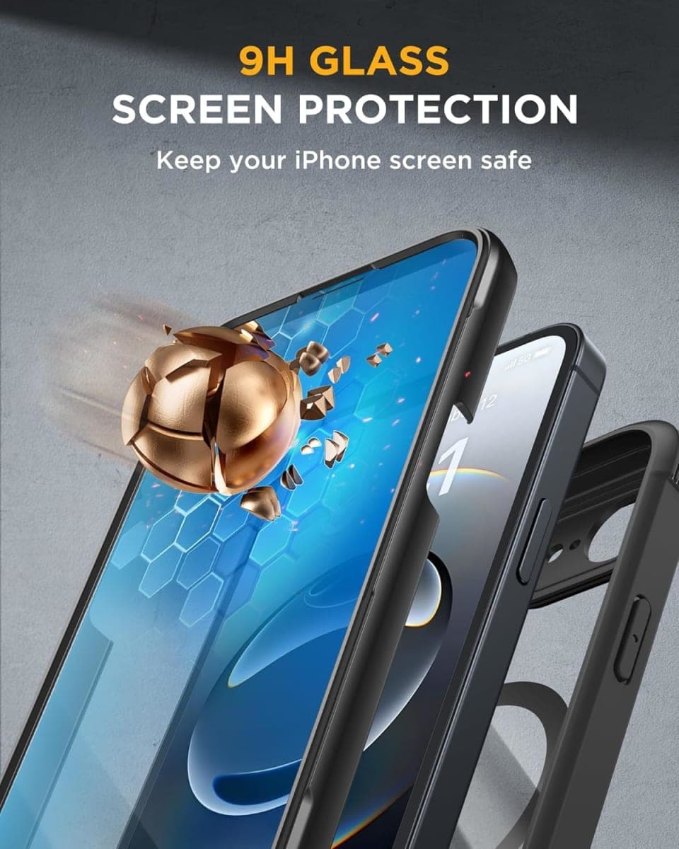 Miracase for iPhone 17e Case & iPhone 16e Case 6.1'', Full-Body Phone case with Built-in Glass Screen Protector,Compatible with MagSafe,Military Drop Proof 17e/16e Cover,Black thumbnail 3