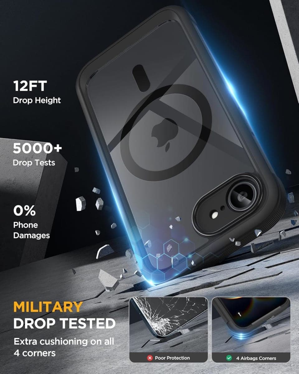 Miracase for iPhone 17e Case & iPhone 16e Case 6.1'', Full-Body Phone case with Built-in Glass Screen Protector,Compatible with MagSafe,Military Drop Proof 17e/16e Cover,Black thumbnail 4