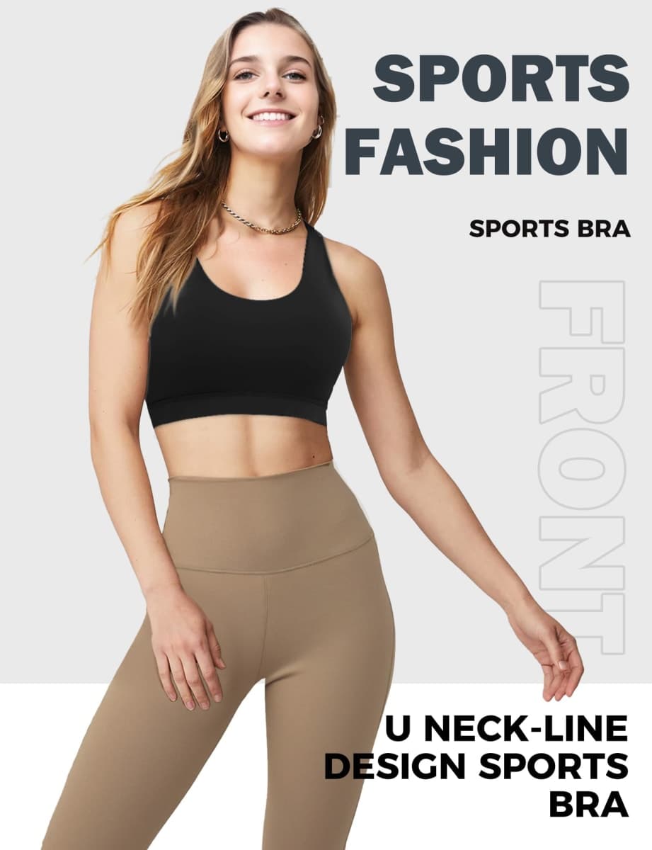 Buauty Womens Sports Bra, U Neck Lightweight with Removable Paddings for Women, U-black, X-Small thumbnail 2