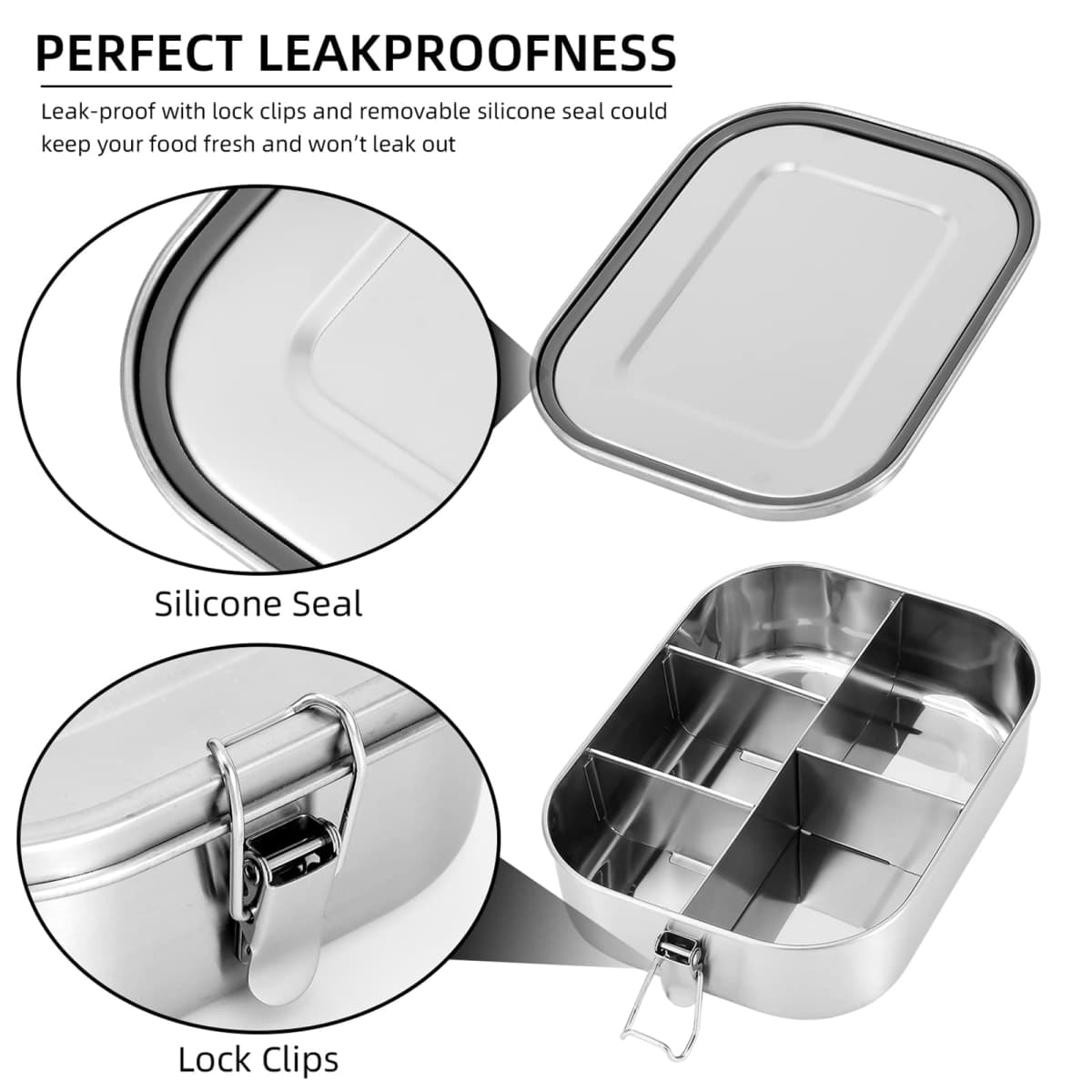 UPTRUST Stainless Steel Bento Lunch Food Box Container, 5-Compartment Large 1400ML Metal Bento Lunch Box Container for Kids or Adults with Lockable Clips to Leak Proof thumbnail 2