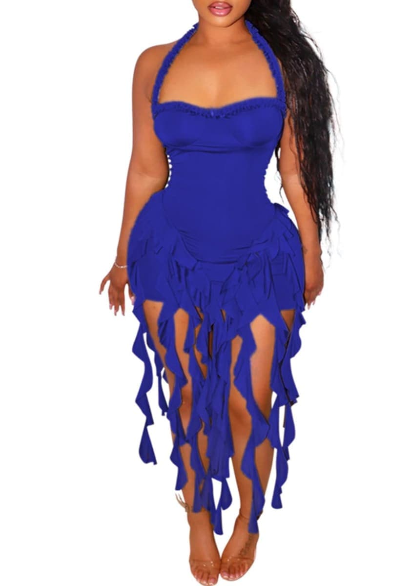 Vakkest Women Summer Halter Neck Dress Sexy Asymmetrical Ruffle Fringe Bodycon Party Birthday Short Mini Dresses, Blue, Medium — image 1