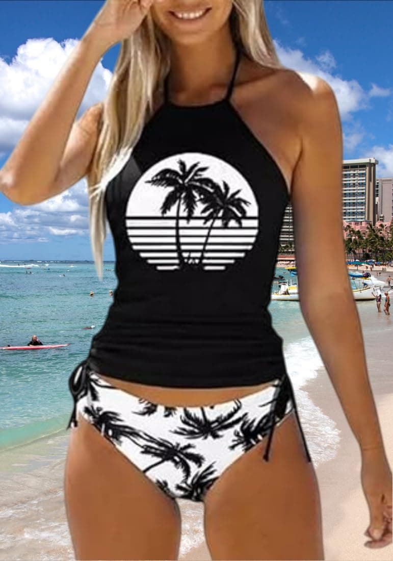 Women's Funny Graphic Drawstring Halter Two Piece Tankini Set Summer Swimwear Beach Vacation Swimsuits, Black-f, Medium thumbnail 2