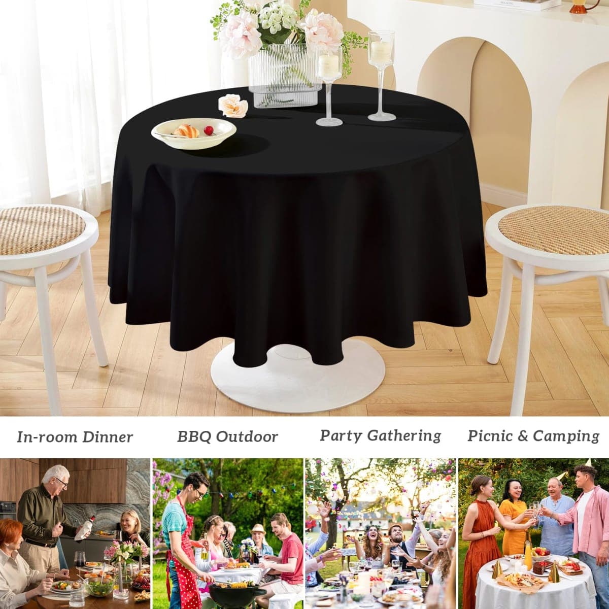 Mulbozy 2 Pcs Black Round Tablecloth, 84 inches Disposable Plastic Black Circle Table Covers for Baby Shower Wedding Bridal Shower Birthday Party Decorations thumbnail 3
