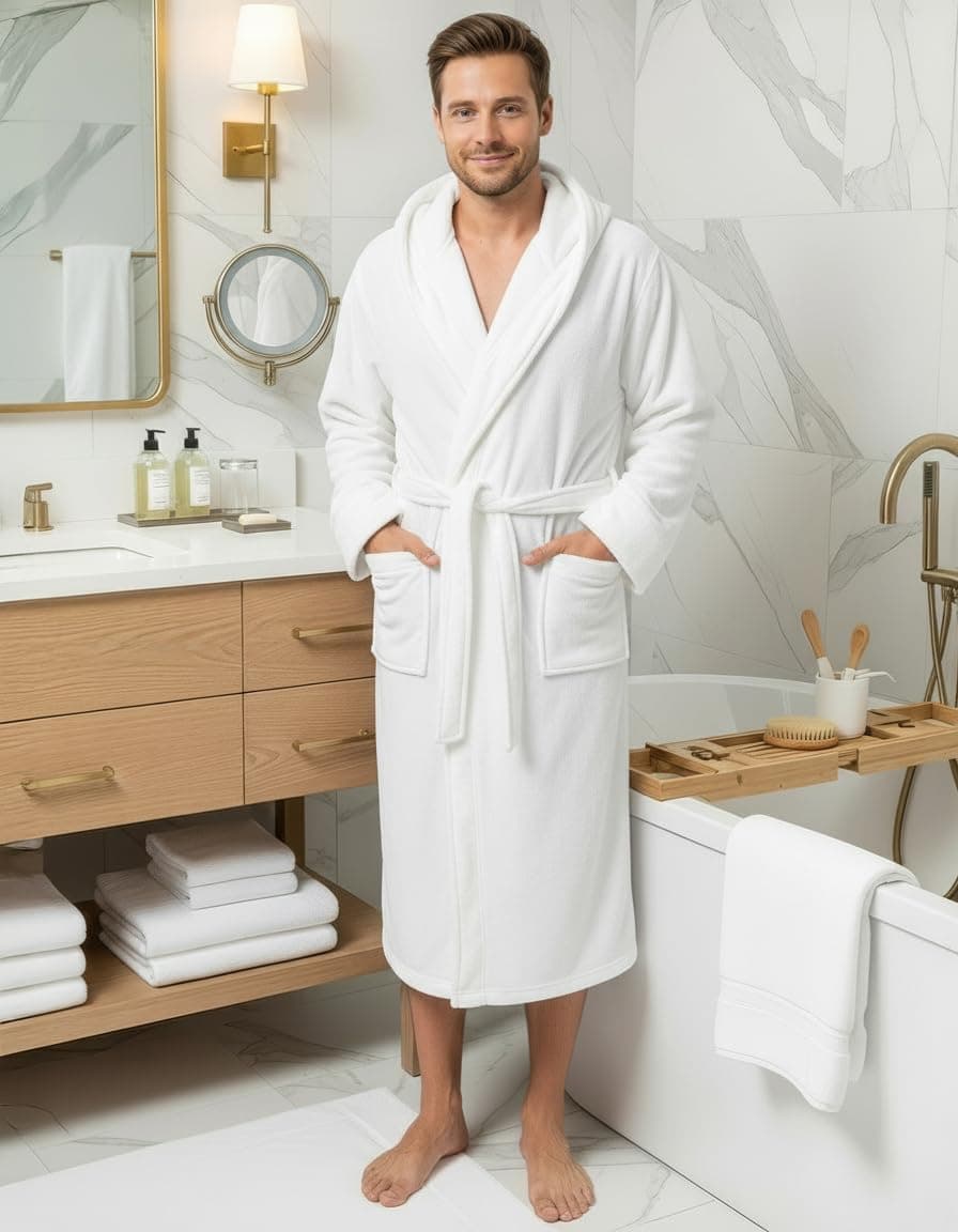 NY Threads Men's Hooded Fleece Bathrobe Plush Long Spa Robe, White, Small-Medium thumbnail 2