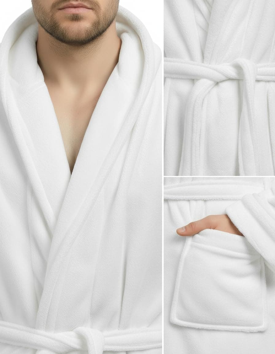 NY Threads Men's Hooded Fleece Bathrobe Plush Long Spa Robe, White, Small-Medium thumbnail 3