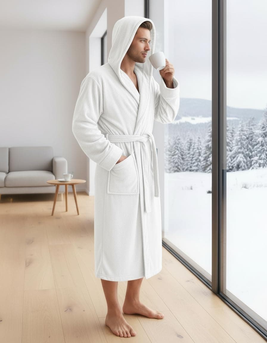 NY Threads Men's Hooded Fleece Bathrobe Plush Long Spa Robe, White, Small-Medium thumbnail 5