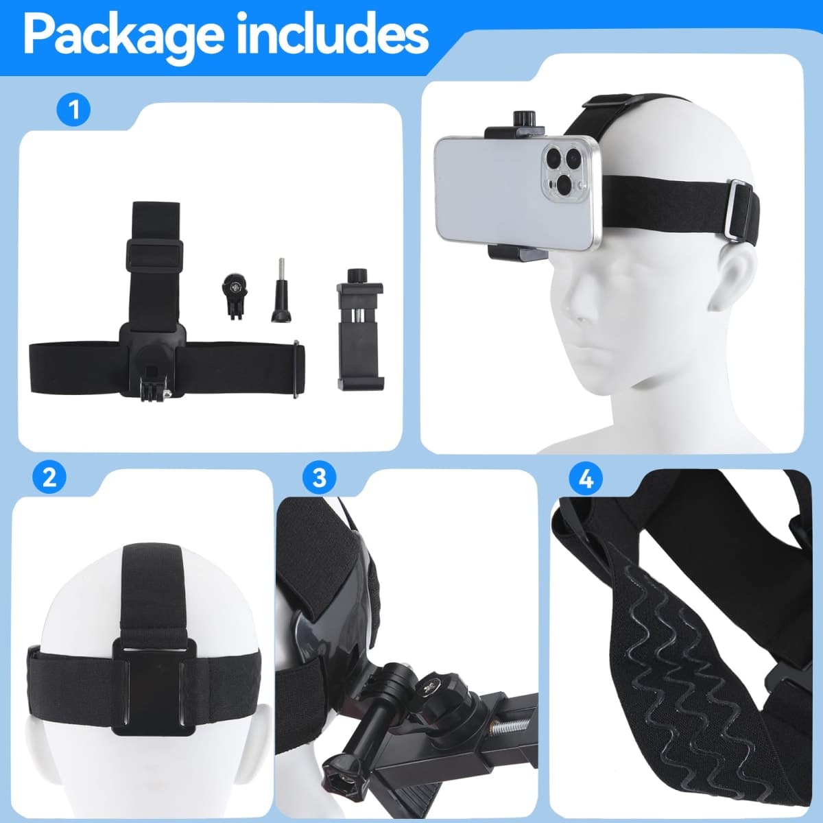 Head-Mounted Mobile Phone Holder,First-Person View Video Outdoor Live Shooting Bracket with Phone Clip(4"-7") for iPhone Samsung Smartphones and GoPro Insta360 Sony DJI Action Camera Head Mount Strap thumbnail 5