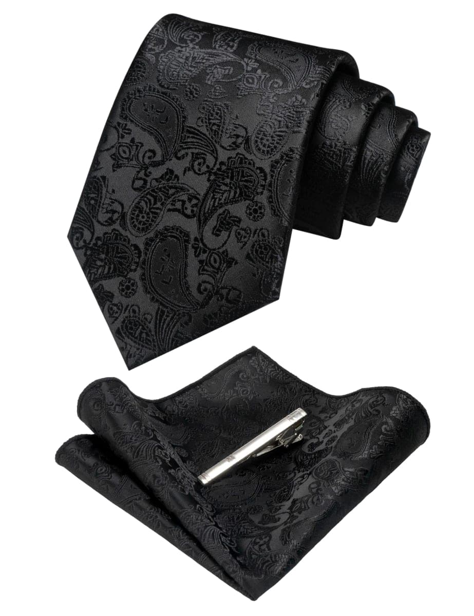 JEMYGINS Mens Solid Color Paisley Necktie and Pocket Square with Tie Clip Sets, Black, general — image 1