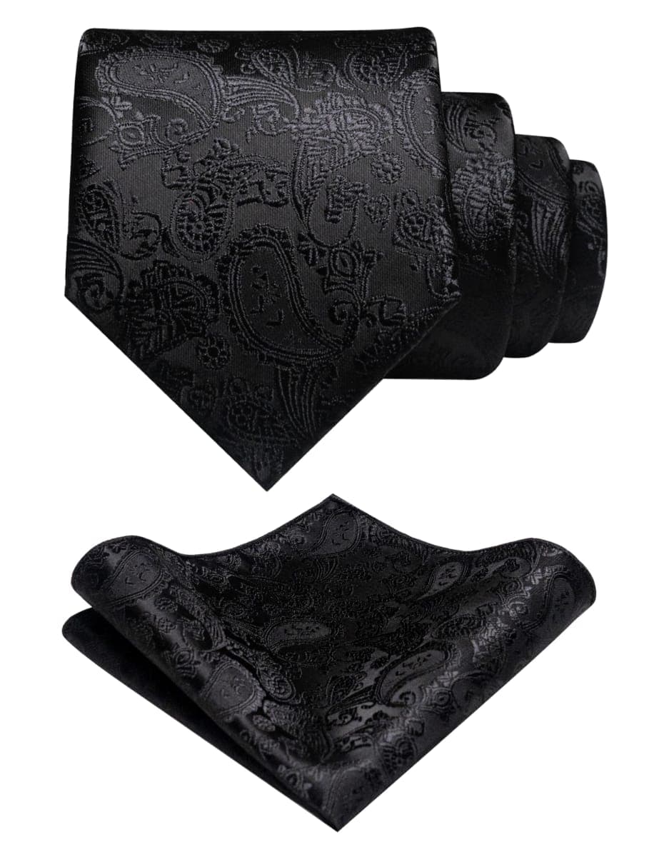 JEMYGINS Mens Solid Color Paisley Necktie and Pocket Square with Tie Clip Sets, Black, general thumbnail 2