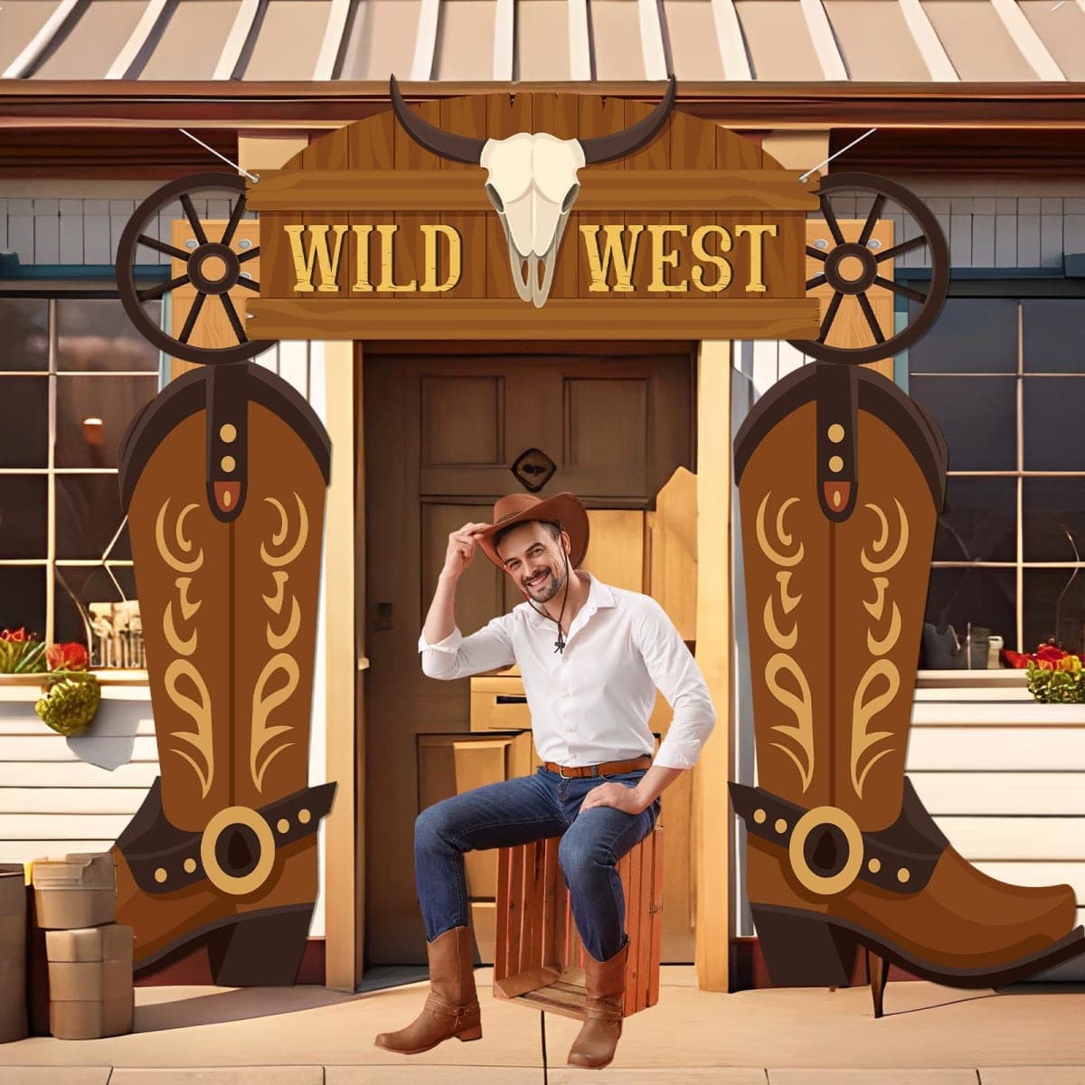 Wild Western Porch Banner West West Cowboy Party Door Decoration Cowboy Boot Hanging Banner Background Western Themed Saloon Porch Sign for Bar Birthday Photo Booth Props Favor Supplies thumbnail 4