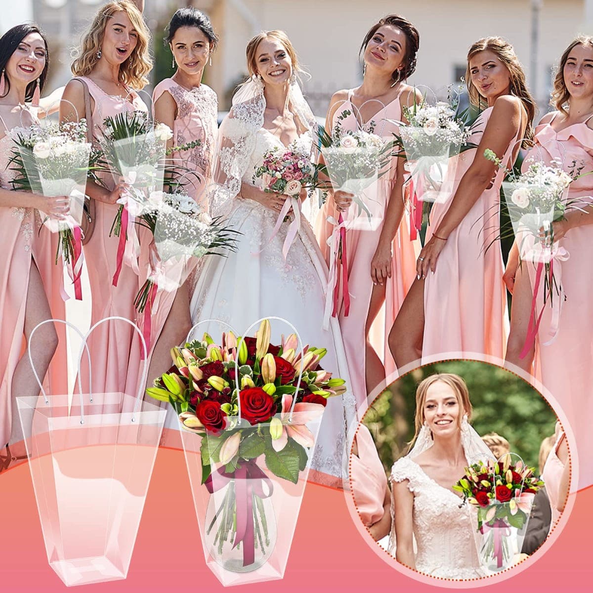 Yexiya 12 Pcs Floral Bags Large Clear Flower Bouquet Bag Bulk with Handle Transparent Florist Wedding Gift Packaging Plastic Gift Birthday Valentine's Mother's Day, 11.4 x 5.9 x 16.7 in (Clear Edge) thumbnail 2