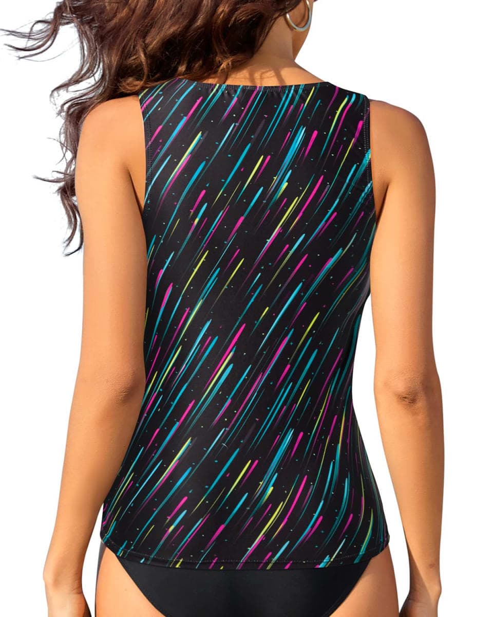 Daci Tankini Tops for Women High Neck Swim Top Tummy Control Bathing Suit Top Modest Swim Tank Top No Bottom, Black Colorful Striped, Large thumbnail 2