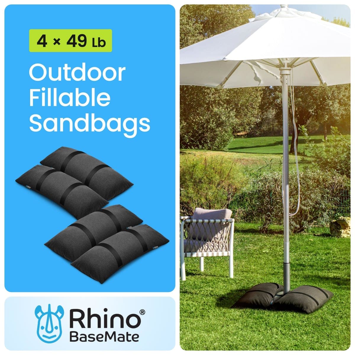 Rhino BaseMate Umbrella Base Weights 4-Pack – Fillable Sand Bags for Umbrella Base & Patio Stand | Durable Weatherproof Sandbag Weights for Outdoor Umbrellas, Arched Design, Holds Up to 49 lbs Each thumbnail 2