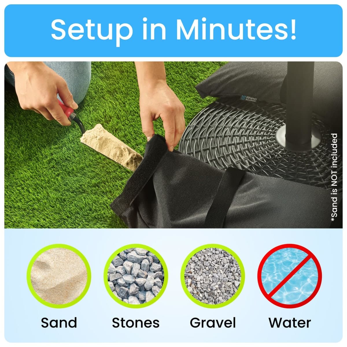 Rhino BaseMate Umbrella Base Weights 4-Pack – Fillable Sand Bags for Umbrella Base & Patio Stand | Durable Weatherproof Sandbag Weights for Outdoor Umbrellas, Arched Design, Holds Up to 49 lbs Each thumbnail 4