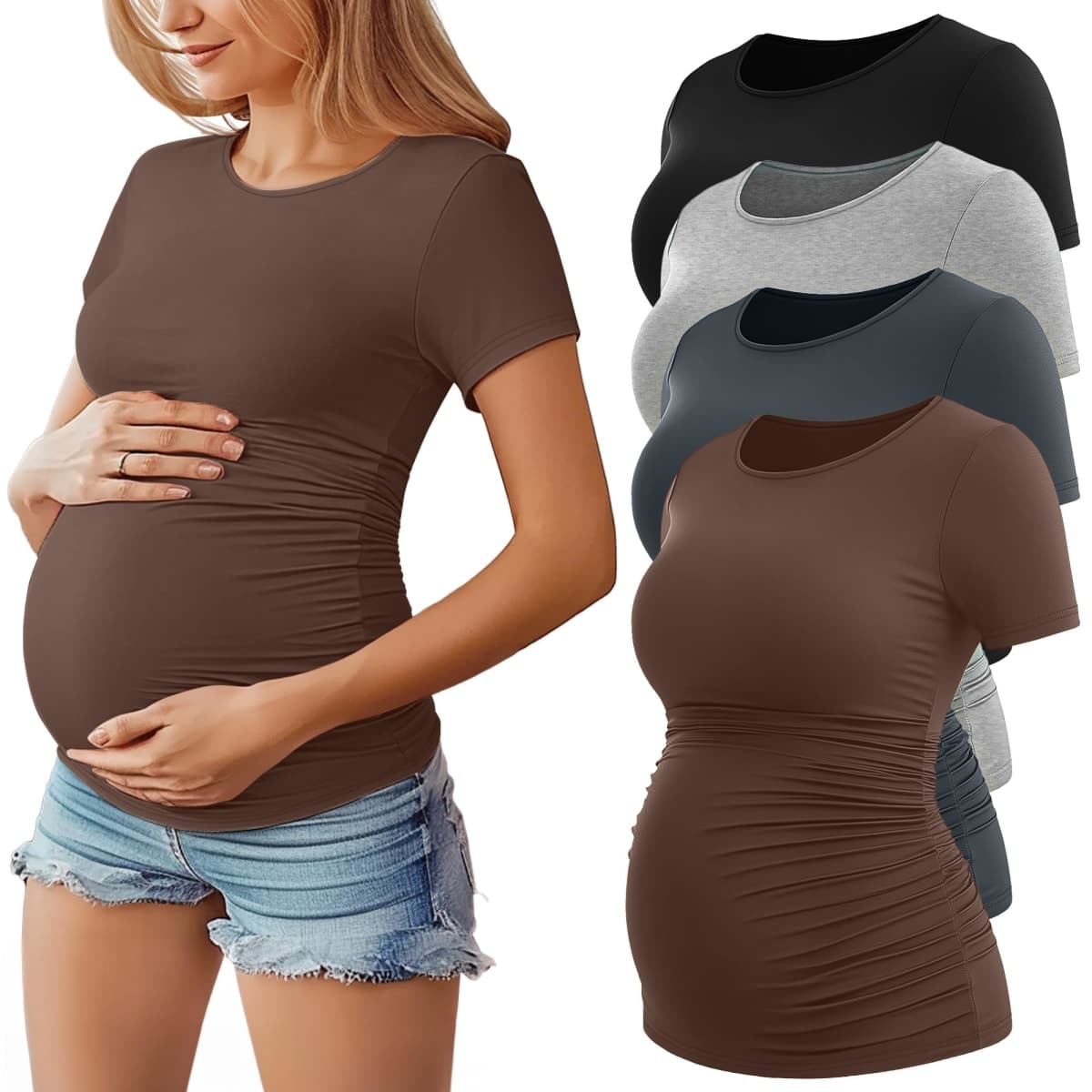 Huukeay 4 Pack Women's Maternity Shirts, Crew Neck Maternity Top Short Sleeve Casual Cotton Tee Side Ruched Pregnancy Clothes(Coffee, Dark Gray, Light Heather Gray, Black,Large) — image 1