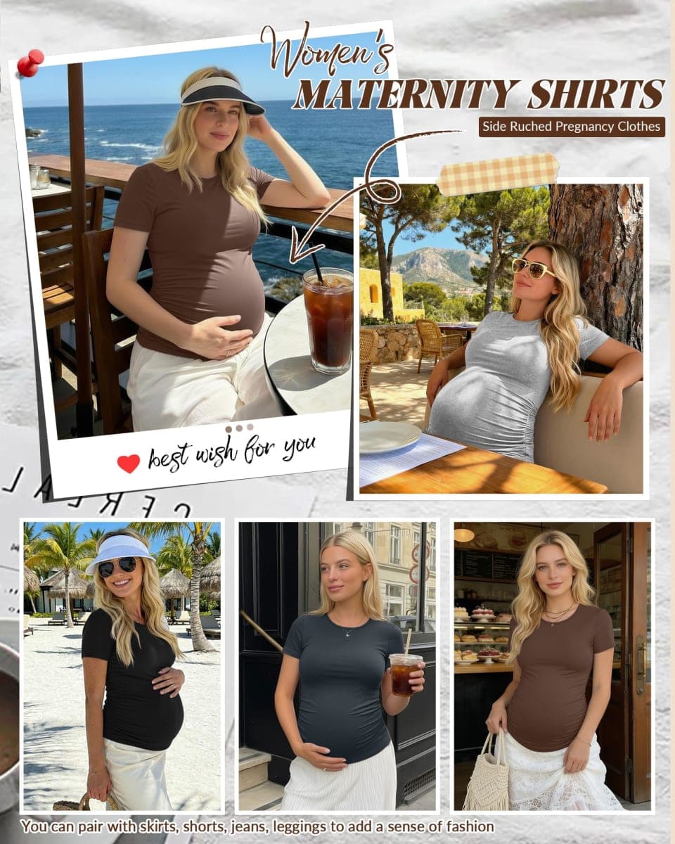 Huukeay 4 Pack Women's Maternity Shirts, Crew Neck Maternity Top Short Sleeve Casual Cotton Tee Side Ruched Pregnancy Clothes(Coffee, Dark Gray, Light Heather Gray, Black,Large) thumbnail 2