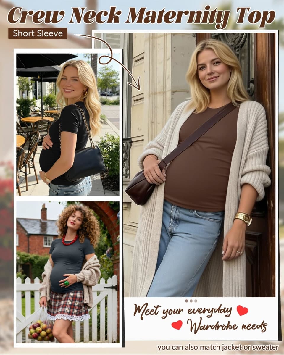 Huukeay 4 Pack Women's Maternity Shirts, Crew Neck Maternity Top Short Sleeve Casual Cotton Tee Side Ruched Pregnancy Clothes(Coffee, Dark Gray, Light Heather Gray, Black,Large) thumbnail 3