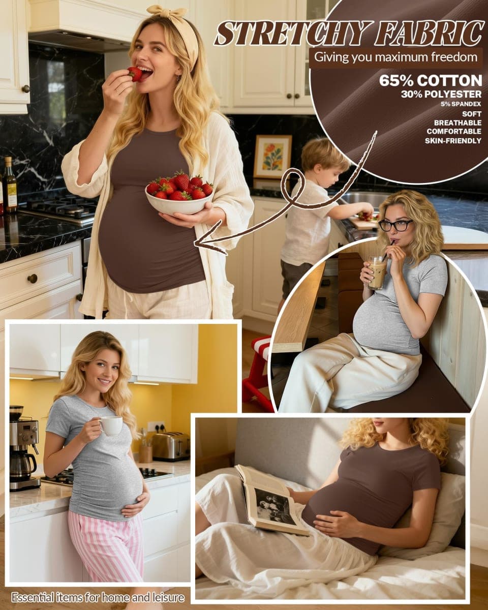 Huukeay 4 Pack Women's Maternity Shirts, Crew Neck Maternity Top Short Sleeve Casual Cotton Tee Side Ruched Pregnancy Clothes(Coffee, Dark Gray, Light Heather Gray, Black,Large) thumbnail 4