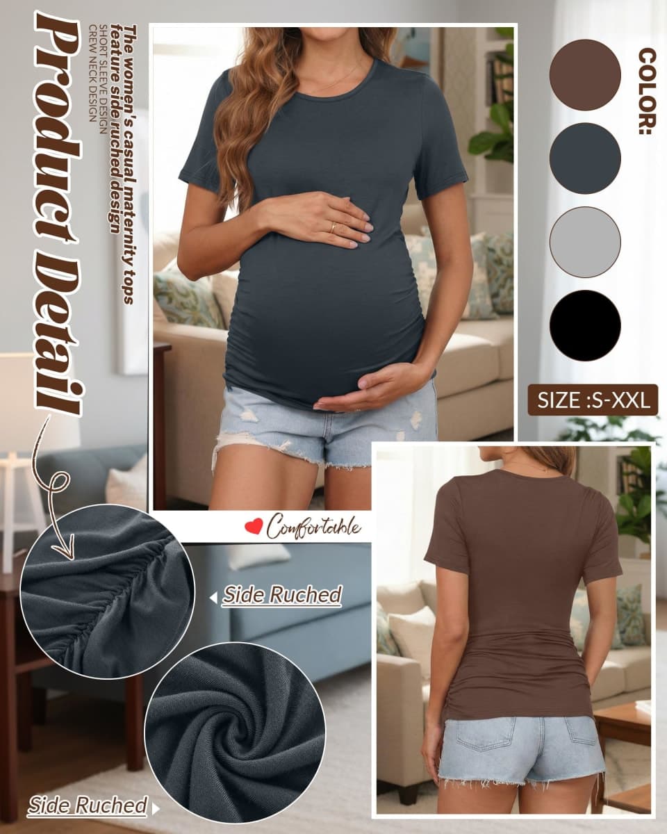Huukeay 4 Pack Women's Maternity Shirts, Crew Neck Maternity Top Short Sleeve Casual Cotton Tee Side Ruched Pregnancy Clothes(Coffee, Dark Gray, Light Heather Gray, Black,Large) thumbnail 5