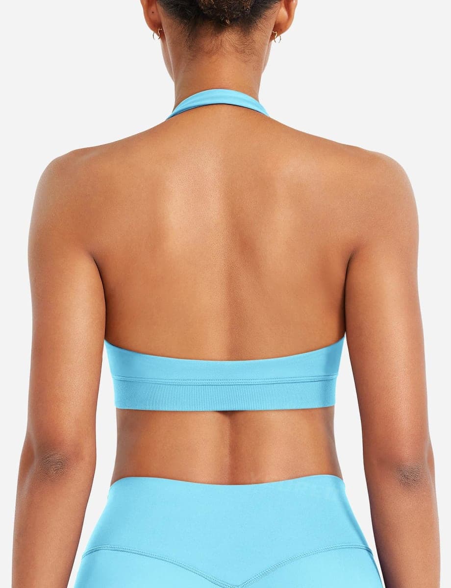 YEOREO CoreFlex Women Halter Sports Bra Workout Seamless Padded Basic Bra Open Back Yoga Gym Crop Top, Light Blue, Small thumbnail 2