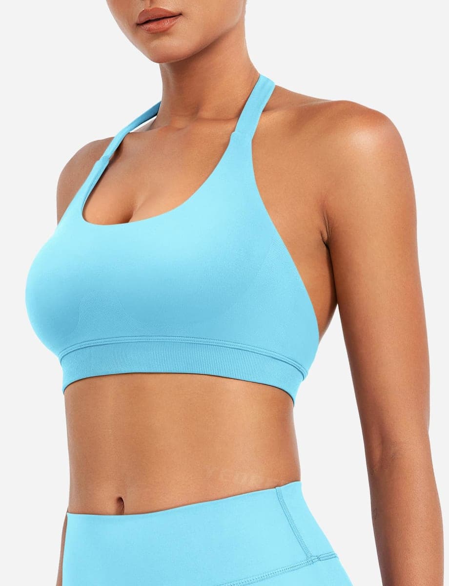 YEOREO CoreFlex Women Halter Sports Bra Workout Seamless Padded Basic Bra Open Back Yoga Gym Crop Top, Light Blue, Small thumbnail 4