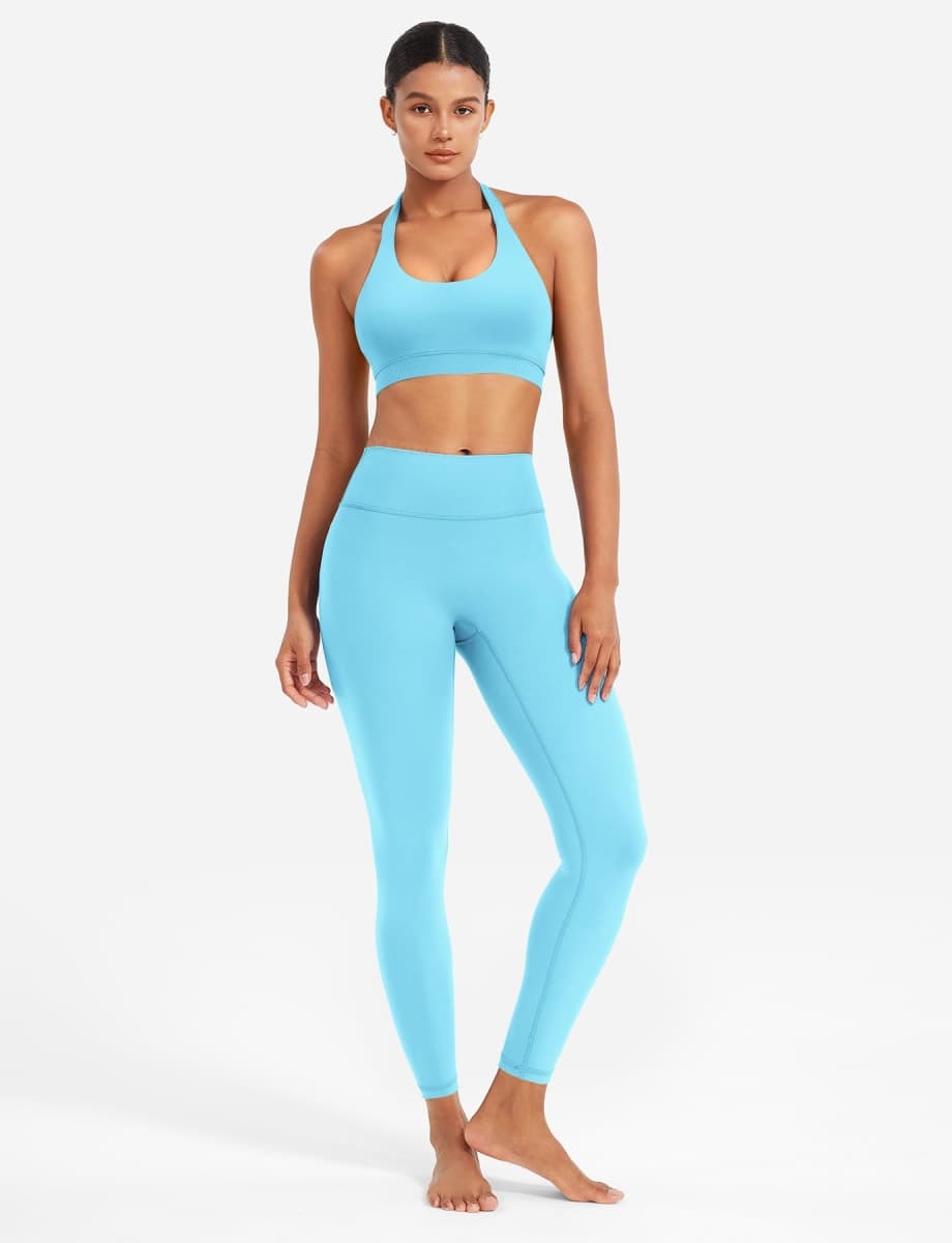 YEOREO CoreFlex Women Halter Sports Bra Workout Seamless Padded Basic Bra Open Back Yoga Gym Crop Top, Light Blue, Small thumbnail 5