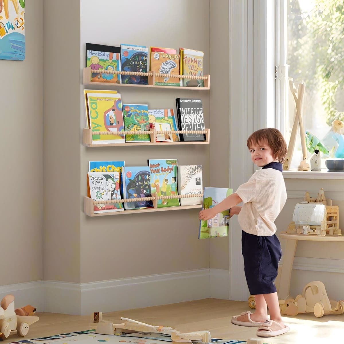 birola Nursery Book Shelves for Kids Rooms - 32 Inches Floating Wall Bookshelves Set of 3, Space-Saving Nursery Shelves with Beads Design for Kids Room, Bedroom and Study Room(Natural) thumbnail 4