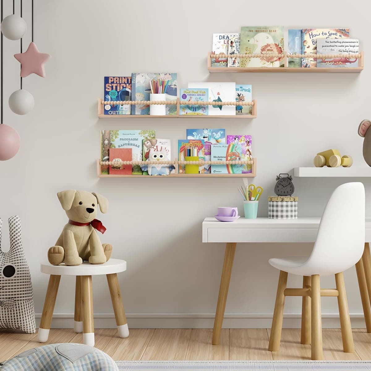 birola Nursery Book Shelves for Kids Rooms - 32 Inches Floating Wall Bookshelves Set of 3, Space-Saving Nursery Shelves with Beads Design for Kids Room, Bedroom and Study Room(Natural) thumbnail 5