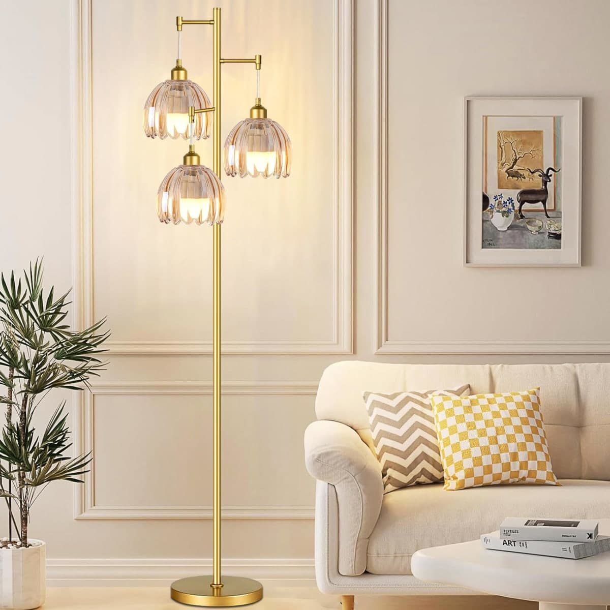 ZECOXOL Dimmable Floor Lamps for Living Room-3 Light Gold Vintage Floor Lamp with Glass Lampshape & Three Bulbs,Modern Mid Century Standing Lamp Green Flower Tall Tree Floor Lamp for Bedroom Corner thumbnail 2