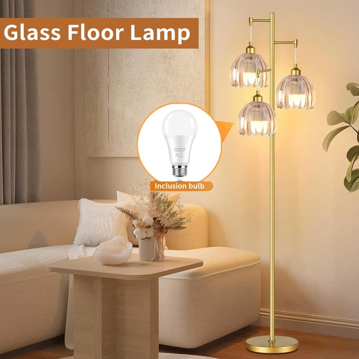 ZECOXOL Dimmable Floor Lamps for Living Room-3 Light Gold Vintage Floor Lamp with Glass Lampshape & Three Bulbs,Modern Mid Century Standing Lamp Green Flower Tall Tree Floor Lamp for Bedroom Corner thumbnail 3