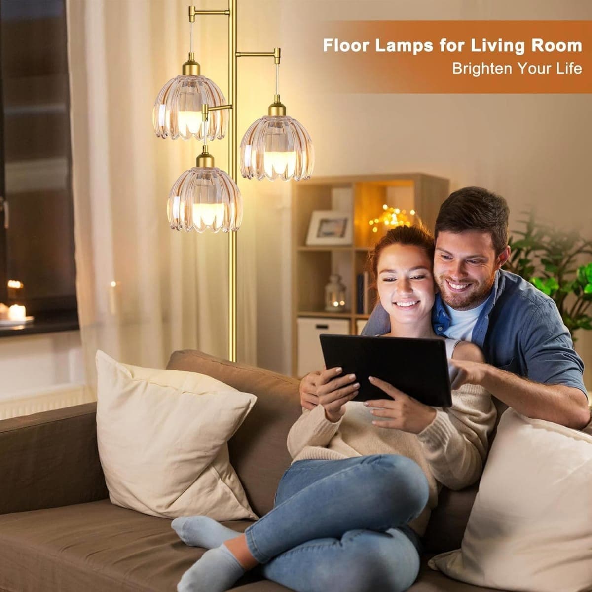 ZECOXOL Dimmable Floor Lamps for Living Room-3 Light Gold Vintage Floor Lamp with Glass Lampshape & Three Bulbs,Modern Mid Century Standing Lamp Green Flower Tall Tree Floor Lamp for Bedroom Corner thumbnail 4