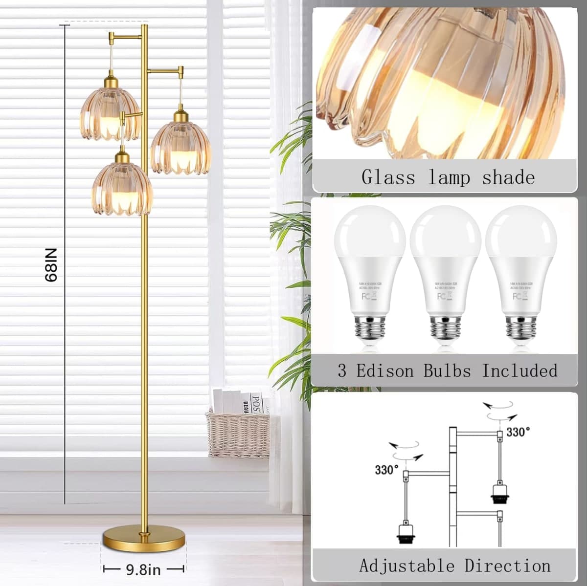 ZECOXOL Dimmable Floor Lamps for Living Room-3 Light Gold Vintage Floor Lamp with Glass Lampshape & Three Bulbs,Modern Mid Century Standing Lamp Green Flower Tall Tree Floor Lamp for Bedroom Corner thumbnail 5